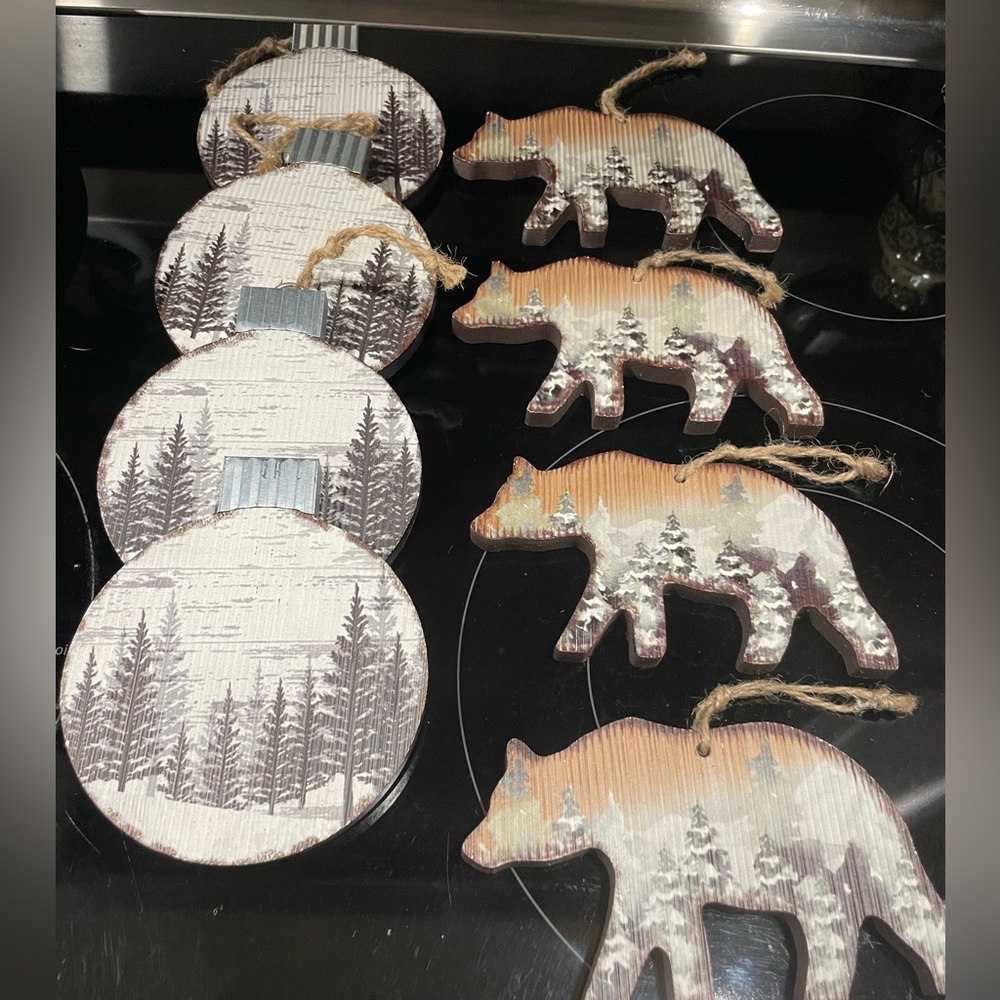 Bundle Christmas Decor Ornaments, 5.5" W Wood Grizzly Bear Woods Trees Wildlife